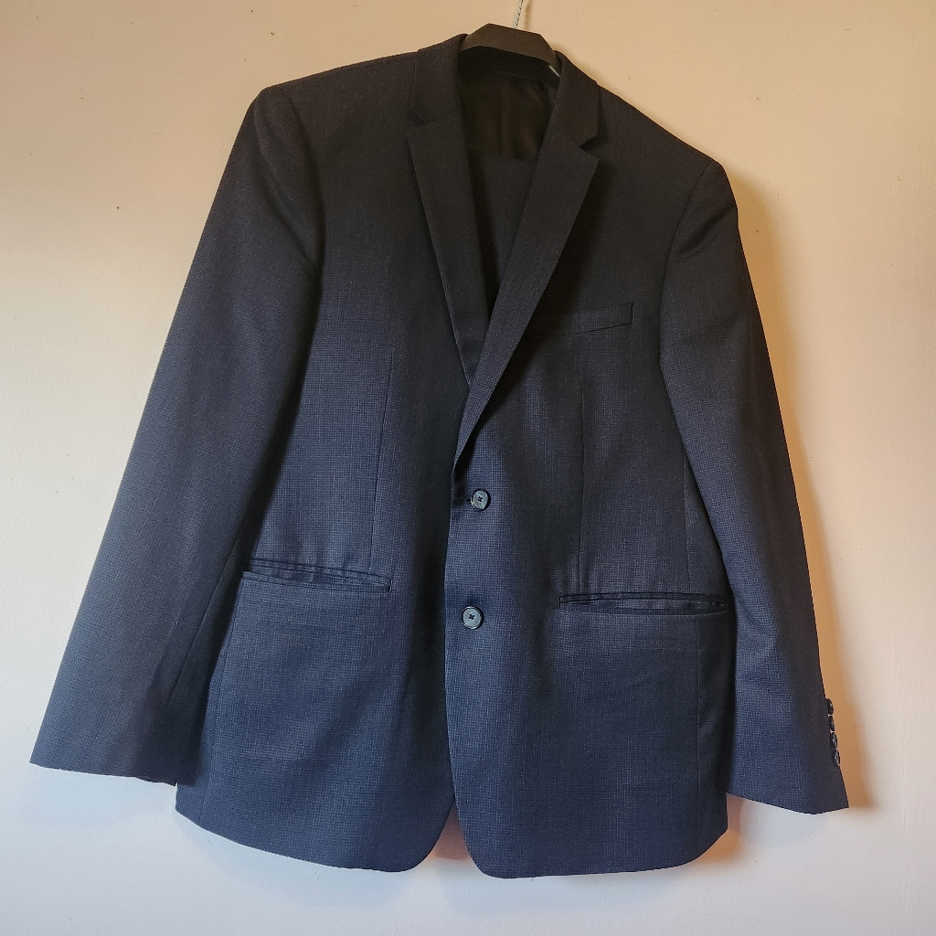 Dkny Men's Blue Check 100% Wool Suit Jacket 42s Pants 36x29 Modern Groomsman Euc